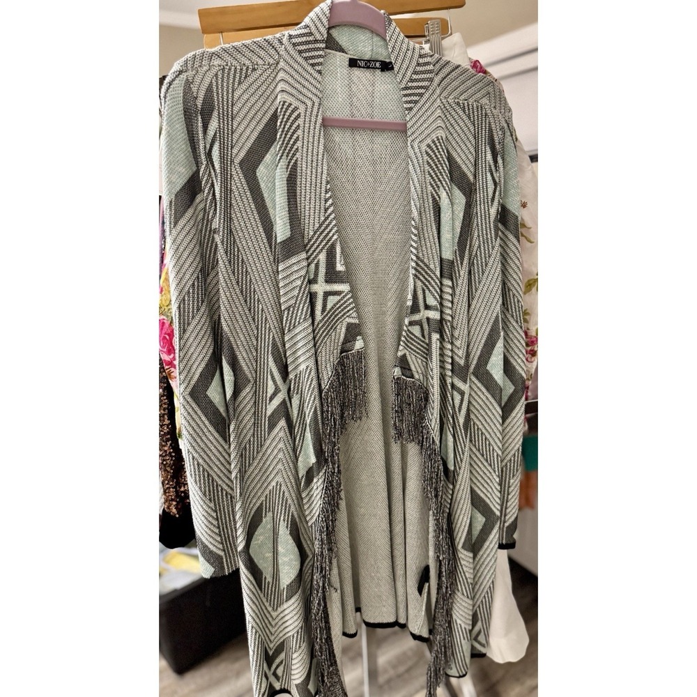 NIC+ZOE NWT Cardigan Large Geometric Fringe Open Front Knit Jacket
